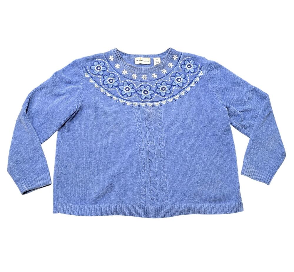 Alfred Dunner Blue Floral Crew Neck Formal Sweater